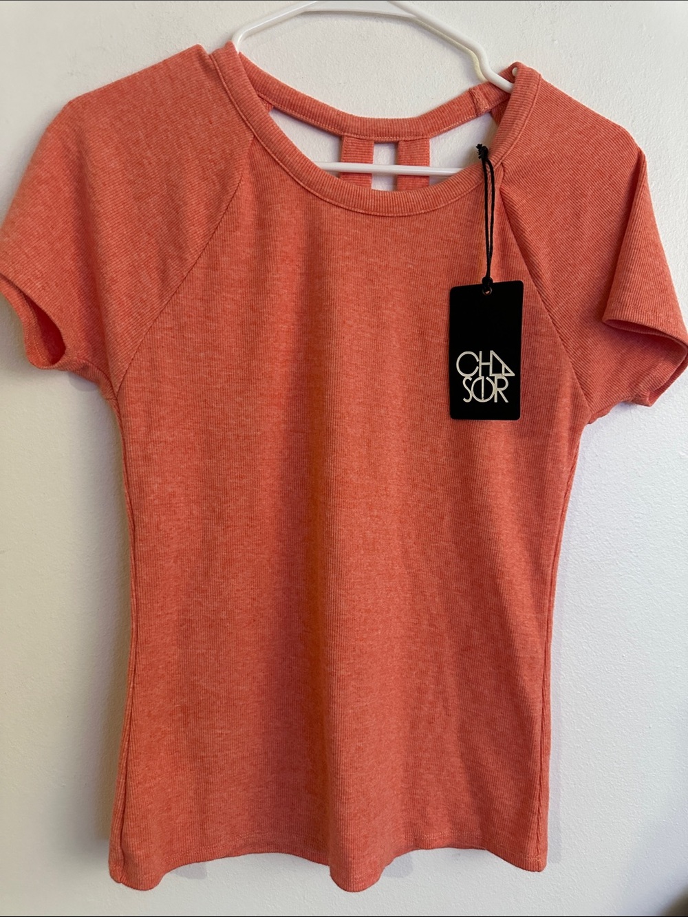 Chaser Heathered Coral Short Sleeve Tee with Ladder Back